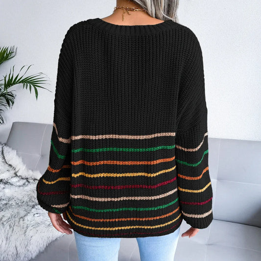 Carmen - Black Striped V-Neck Sweater Top