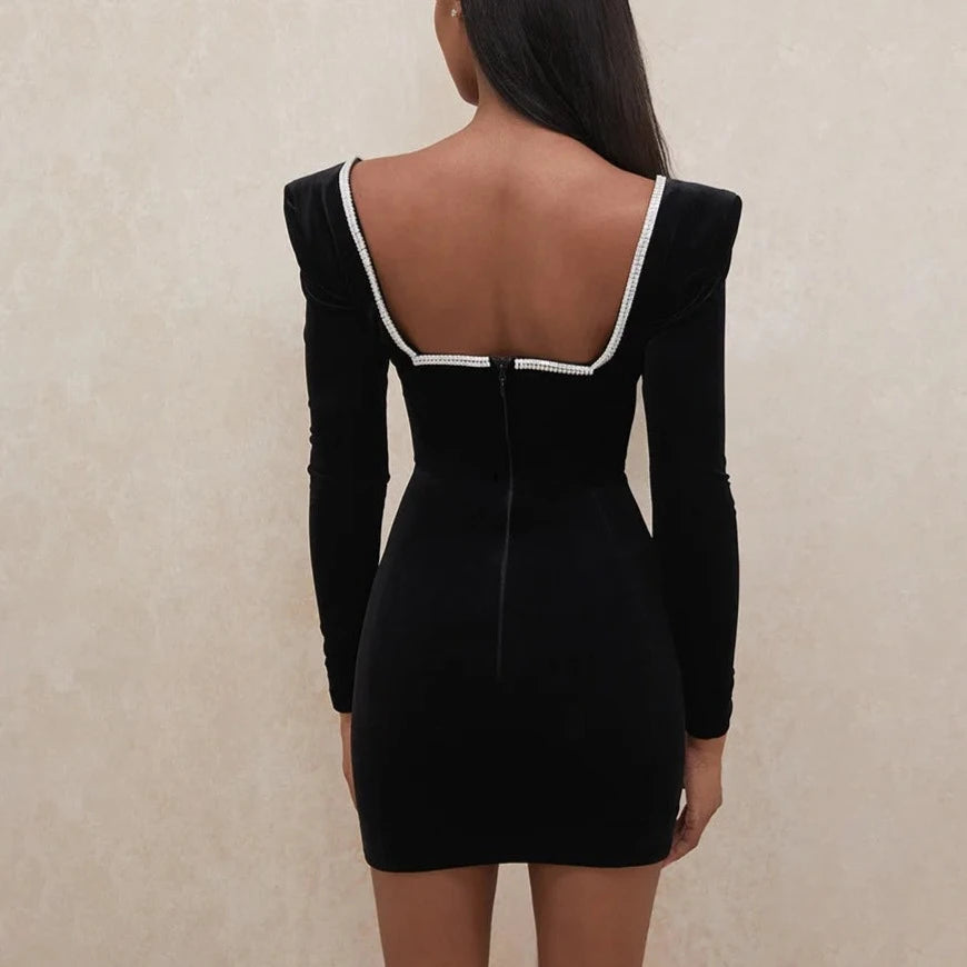 Shahina - Black Velvet Deep V Rhinestone Mini Dress
