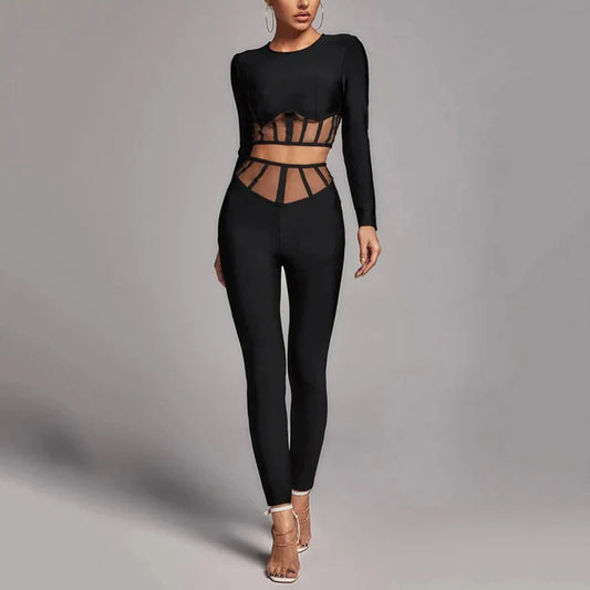 Pippa - Black Bandage Two Piece Crop Top & Pant Set