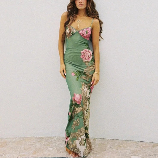 Deanna  - Green Sleeveless Floral Print Maxi Dress