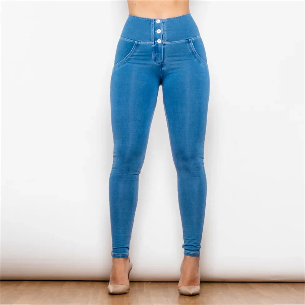 Cheeky Blue Button High Waist Butt Lift Jeggings