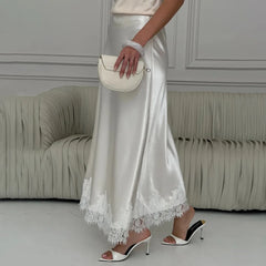Solara - Satin Maxi Skirt with Lace Hem