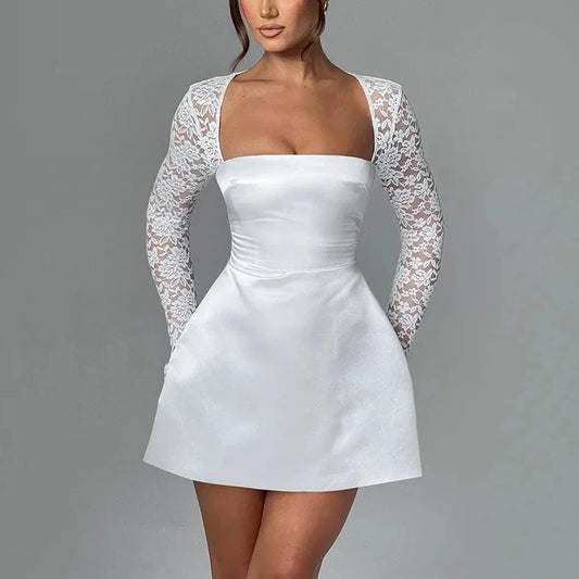 Daphne - White A-Line Satin Dress With Lace Sleeves