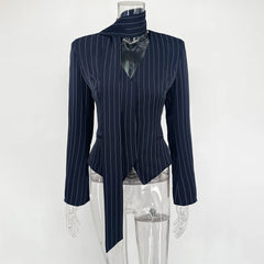 Janelle - Pinstripe Tie-Neck Blazer Top