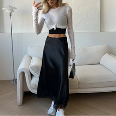 Solara - Satin Maxi Skirt with Lace Hem