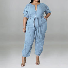 Calyssia – Plus Size Denim Belted Jumpsuit