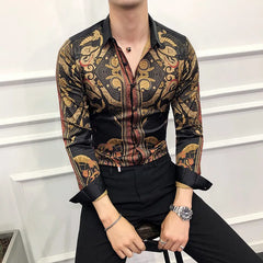 Luca - Black Long Sleeve Gold Baroque Print Shirt