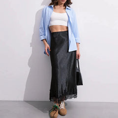 Solara - Satin Maxi Skirt with Lace Hem