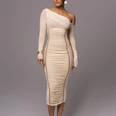 Gianna - White One Shoulder Mesh Ruched Bodycon Dress