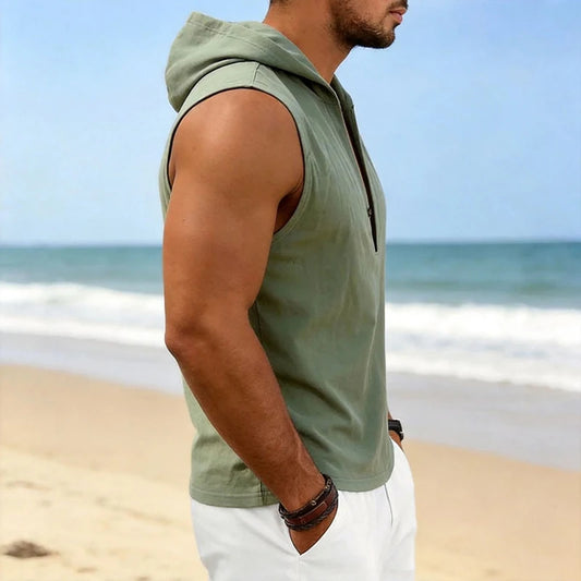 Vaedrin – Linen Sleeveless Hooded V-Neck Top