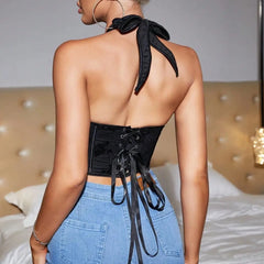 Georgia - Black Floral Embroidery Lace Up Halter Top