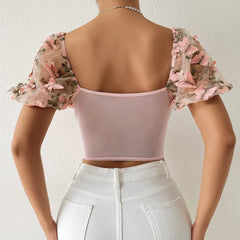 Kori - Sheer Mesh Puff Sleeve Crop Top