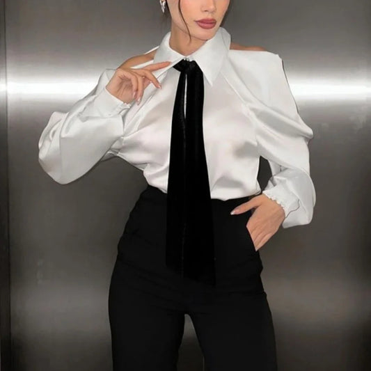 Quinley - Cold Shoulder Satin Blouse with Contrast Tie