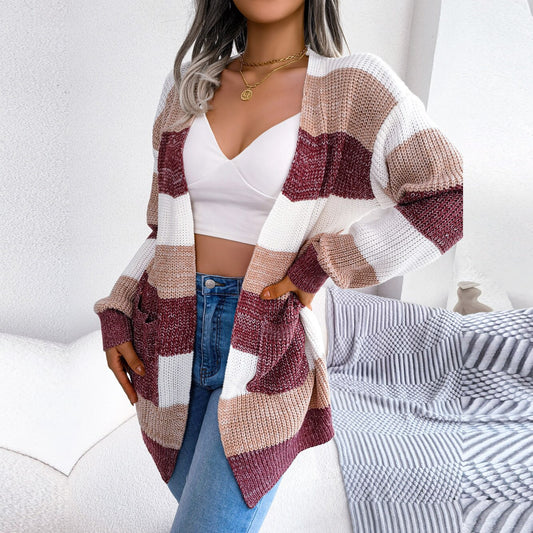 Emily - Burgundy & White  Knitted Striped Cardigan
