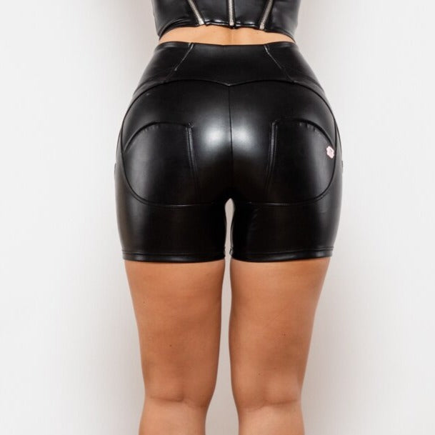 Cheeky Black High Waist Faux Leather Butt Lift Shorts - Model Mannequin