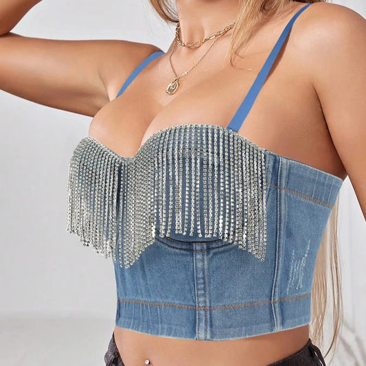 Juna - Blue Demin Crop Top With Rhinestone Chain Tassels