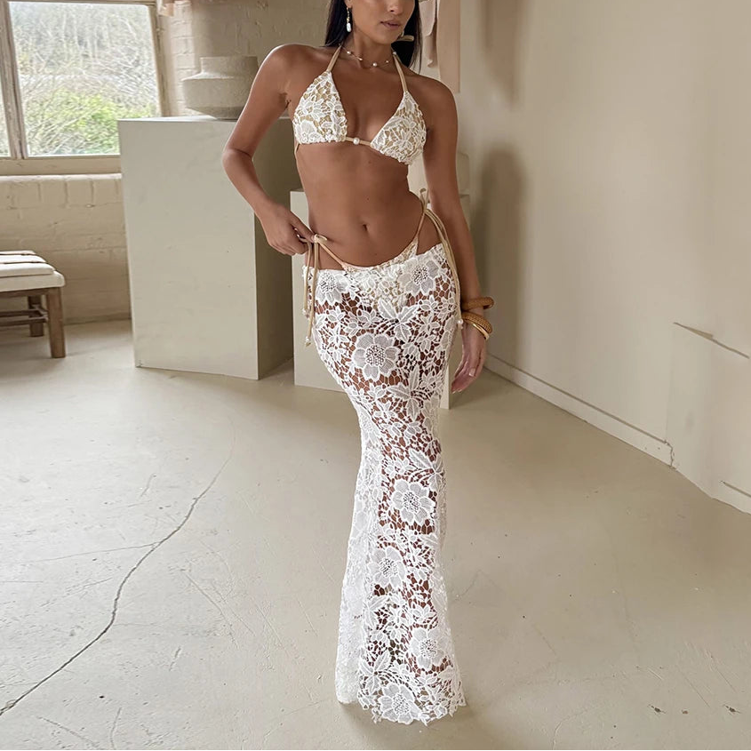 Aurelisse – Lace Trim 3 Piece Bikini & Cover Up Set