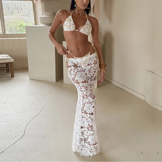 Aurelisse – Lace Trim 3 Piece Bikini & Cover Up Set