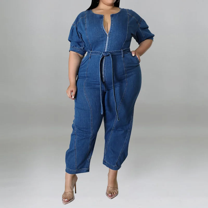 Calyssia – Plus Size Denim Belted Jumpsuit