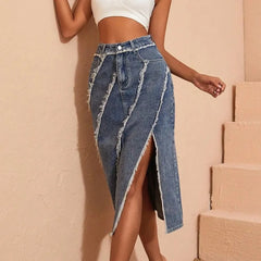 Serenity - Blue Raw Edge Midi Denim Skirt