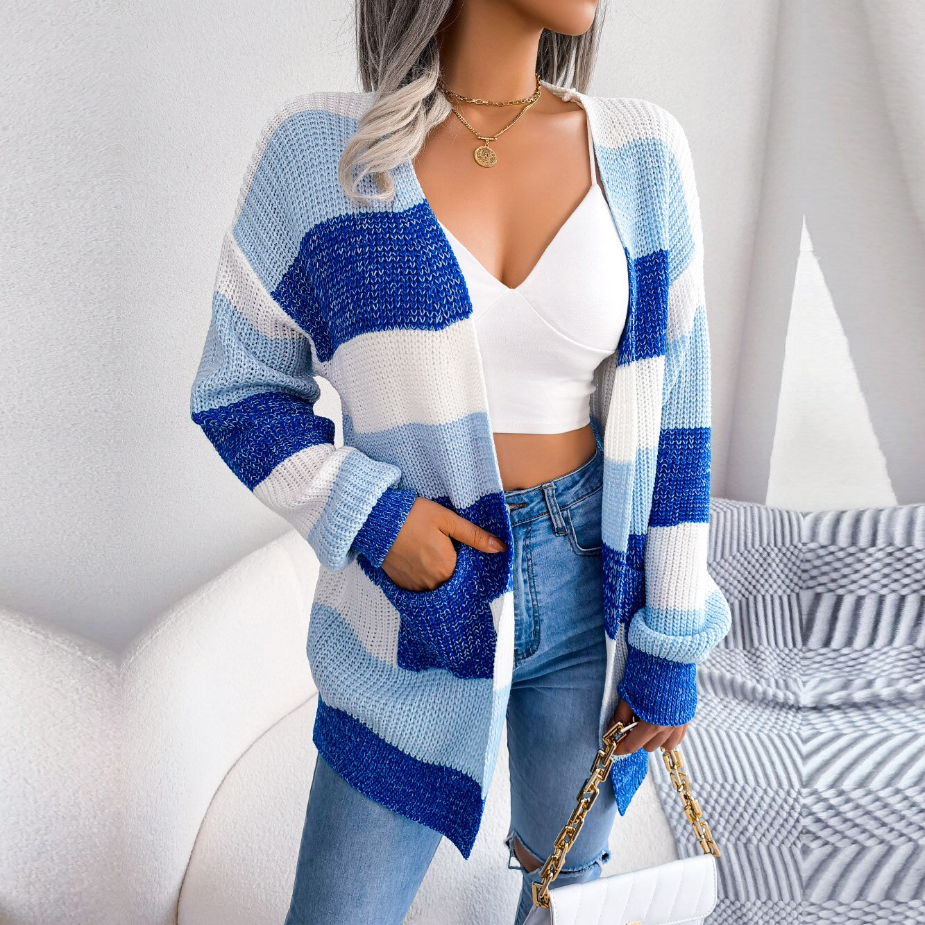 Emily - Blue & White  Knitted Striped Cardigan