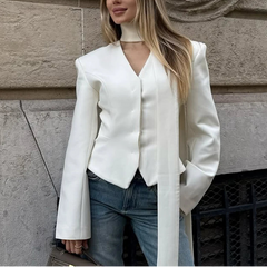 Janelle - Pinstripe Tie-Neck Blazer Top