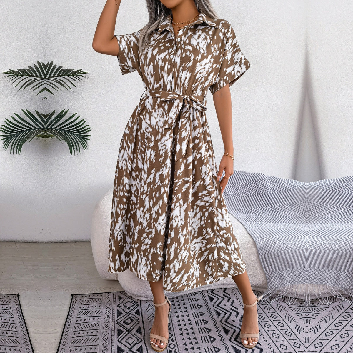 Shauna - Brown Leopard Print Midi Shirt Dress