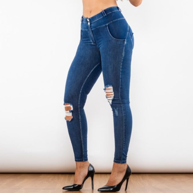Cheeky Blue Washed Ripped Butt Lift Jeggings