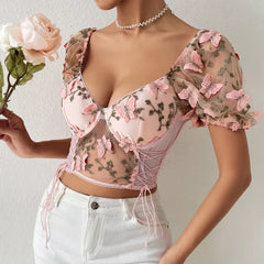 Kori - Sheer Mesh Puff Sleeve Crop Top