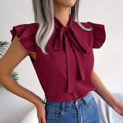 Britney - Burgundy Ruffle Cap Sleeves Tie Neck Top