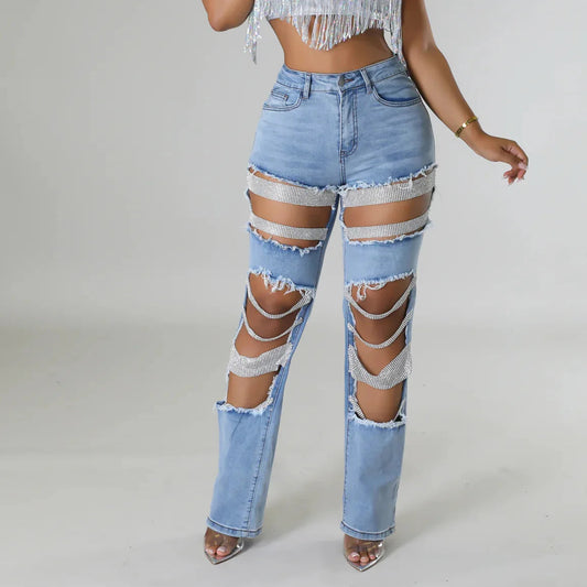 Zyphira – Rhinestone Distressed High Waist Jeans