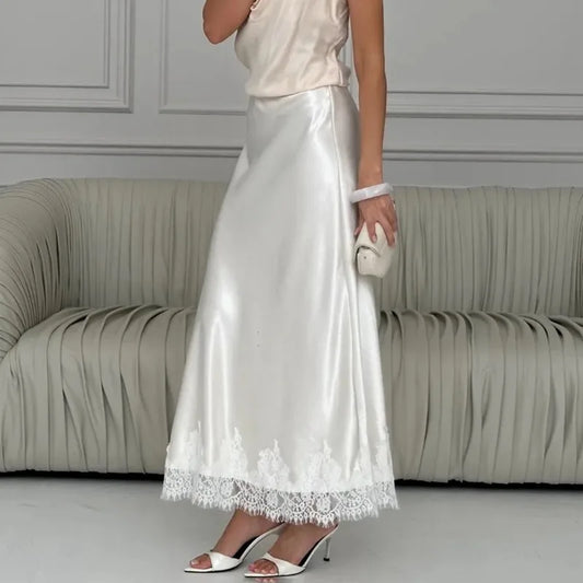 Solara - Satin Maxi Skirt with Lace Hem