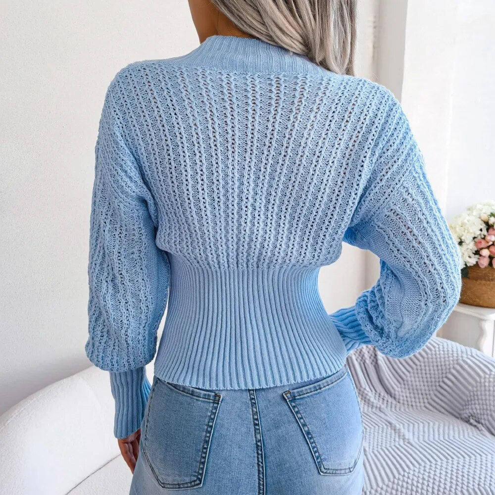Winona - Blue Knitted V Neck Sweater Top