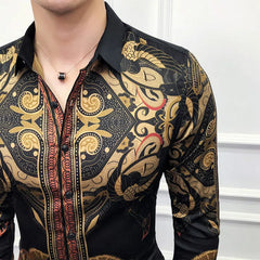 Luca - Black Long Sleeve Gold Baroque Print Shirt