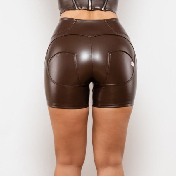 Cheeky Brown High Waist Faux Leather Butt Lift Shorts