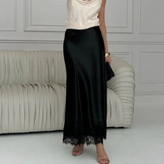 Solara - Satin Maxi Skirt with Lace Hem