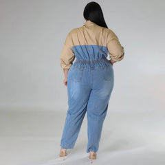 Svetlana - Plus Size Blue Denim Color Block Jumpsuit