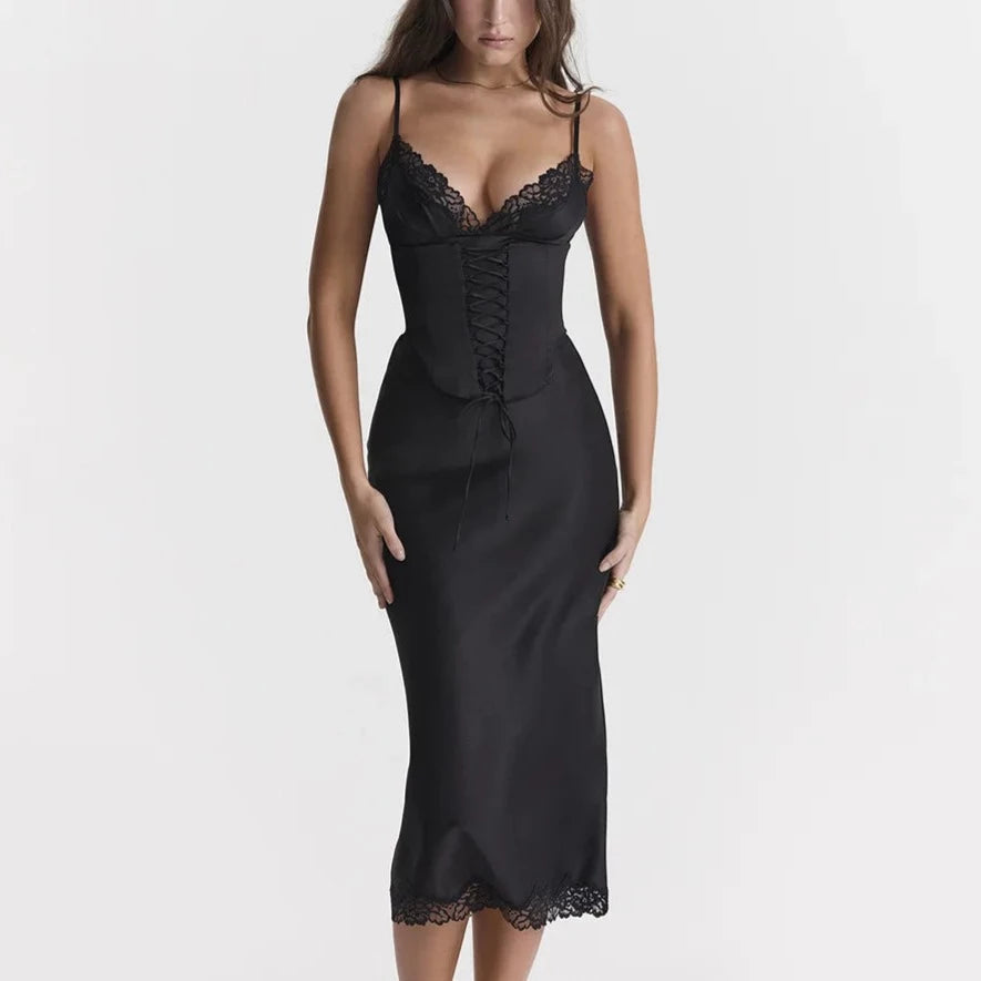 Adella - Black Satin & Lace Detachable Corset Dress