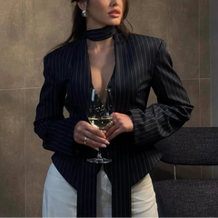 Janelle - Pinstripe Tie-Neck Blazer Top
