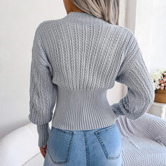 Winona - Gray Knitted V Neck Sweater Top