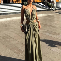 Solenne – Plunge Draped Open Back Maxi Dress