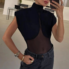 Elvarine – Sheer Sculpted Shoulder Bodysuit Top