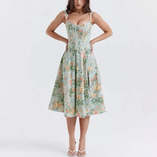 Valencia - Green Floral Print Lace Up A-Line Dress