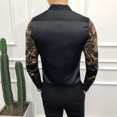 Luca - Black Long Sleeve Gold Baroque Print Shirt