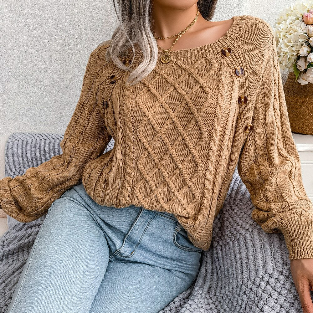 Sofia - Beige Square Neck Pullover Sweater Top