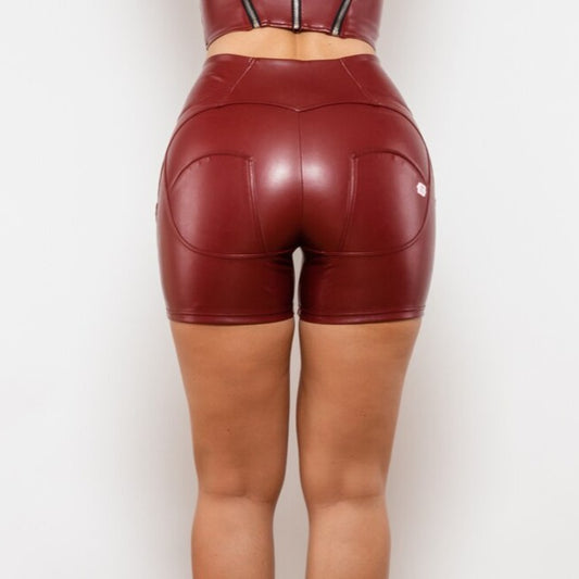 Cheeky Burgundy High Waist Faux Leather Butt Lift Shorts