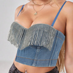 Juna - Blue Demin Crop Top With Rhinestone Chain Tassels