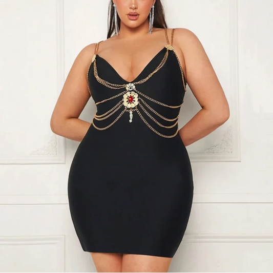 Angelique - Black Plus Size Chain Embellished Bandage Dress