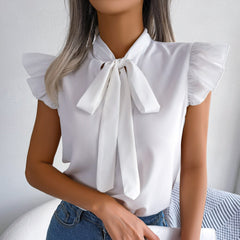 Britney - White Ruffle Cap Sleeves Tie Neck Top