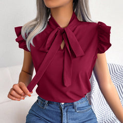 Britney - Burgundy Ruffle Cap Sleeves Tie Neck Top